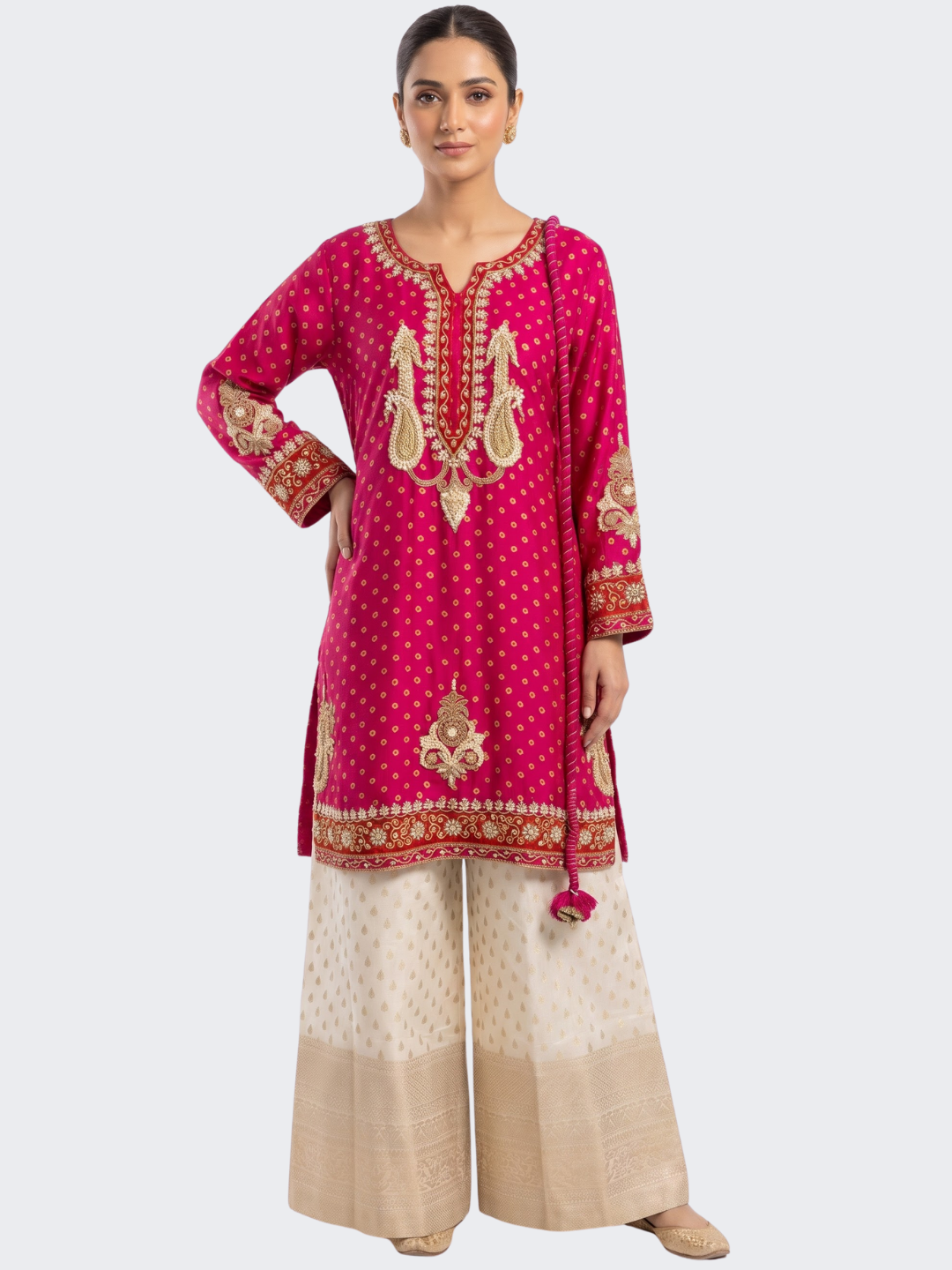 Pink Raw Silk Shirt, Palazzo And Dupatta with Cutdana, Pearl and French Knot Embroidery 3